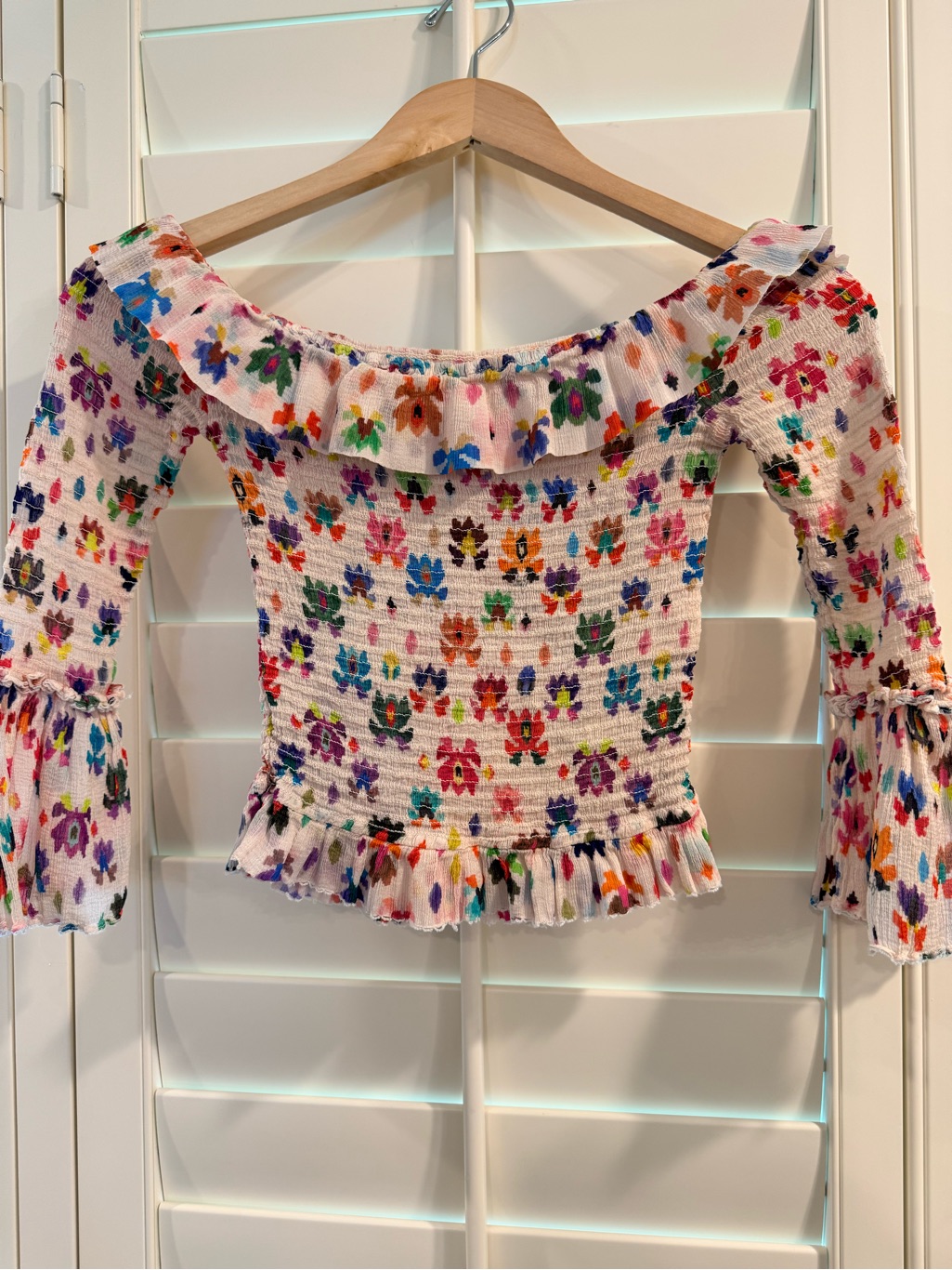 Chufy (Peru) Off-Shoulder White Floral Ruffle Top